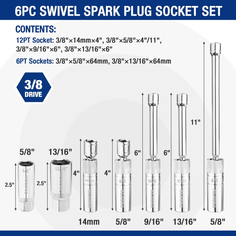 WORKPRO 7 PCS Magnetic Swivel Spark Plug Socket Set, Includes 9/16-inch, 5/8-inch, 13/16-inch, 14MM Thin Wall Sockets with 4, 6, 11-inch Extensions, 3/8" Drive with 12 Points, Magnetic Core - Image 3