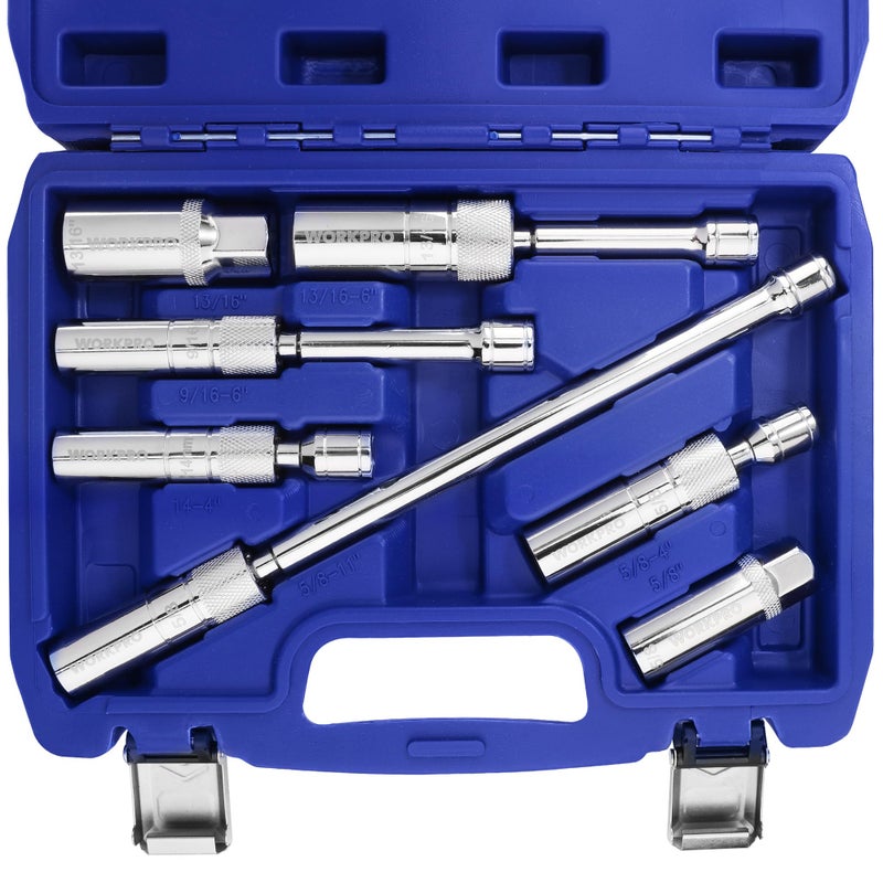 WORKPRO 7 PCS Magnetic Swivel Spark Plug Socket Set, Includes 9/16-inch, 5/8-inch, 13/16-inch, 14MM Thin Wall Sockets with 4, 6, 11-inch Extensions, 3/8" Drive with 12 Points, Magnetic Core - Image 1