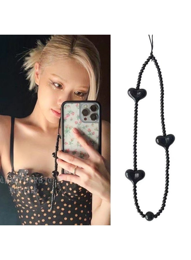 NIBEMINENT Phone Charm/ Chain Strap for Women Girls, Pure Black Heart Cell Phone Case Lanyard Wrist Strap  - Image 1