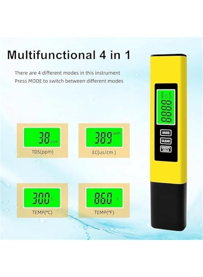 TDS Meter Digital Water Quality Tester,EC Meter & Temperature Meter 4 in 1,for Ro-Rodi System Drinking Water,Water Quality Tester 0-9990 PPM Measuring Range,1 PPM Increments（Yellow） - Image 2