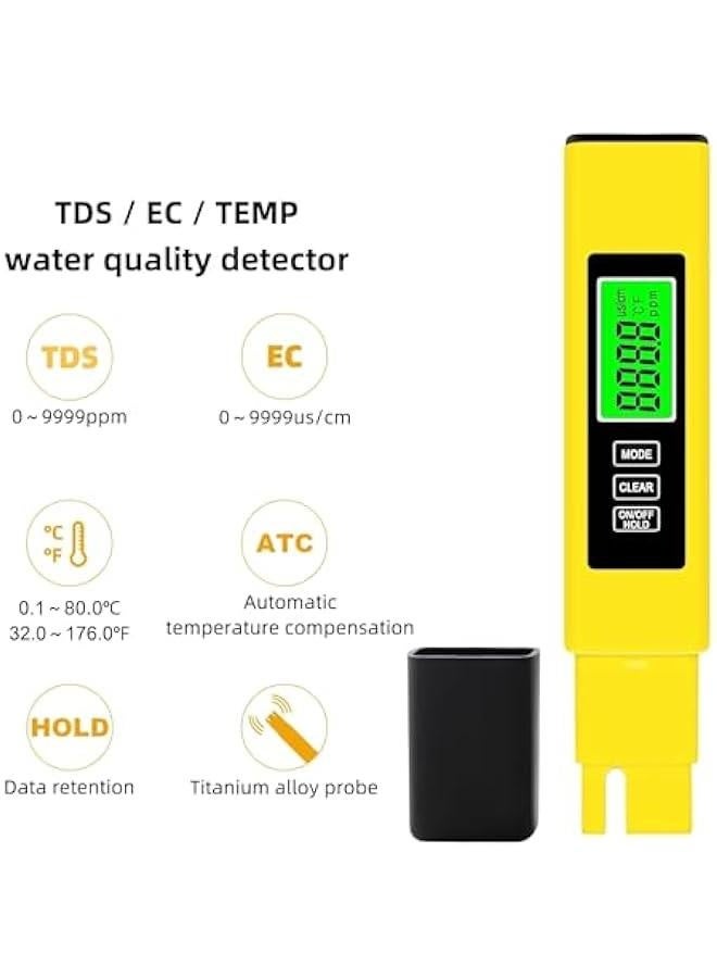 TDS Meter Digital Water Quality Tester,EC Meter & Temperature Meter 4 in 1,for Ro-Rodi System Drinking Water,Water Quality Tester 0-9990 PPM Measuring Range,1 PPM Increments（Yellow） - Image 3