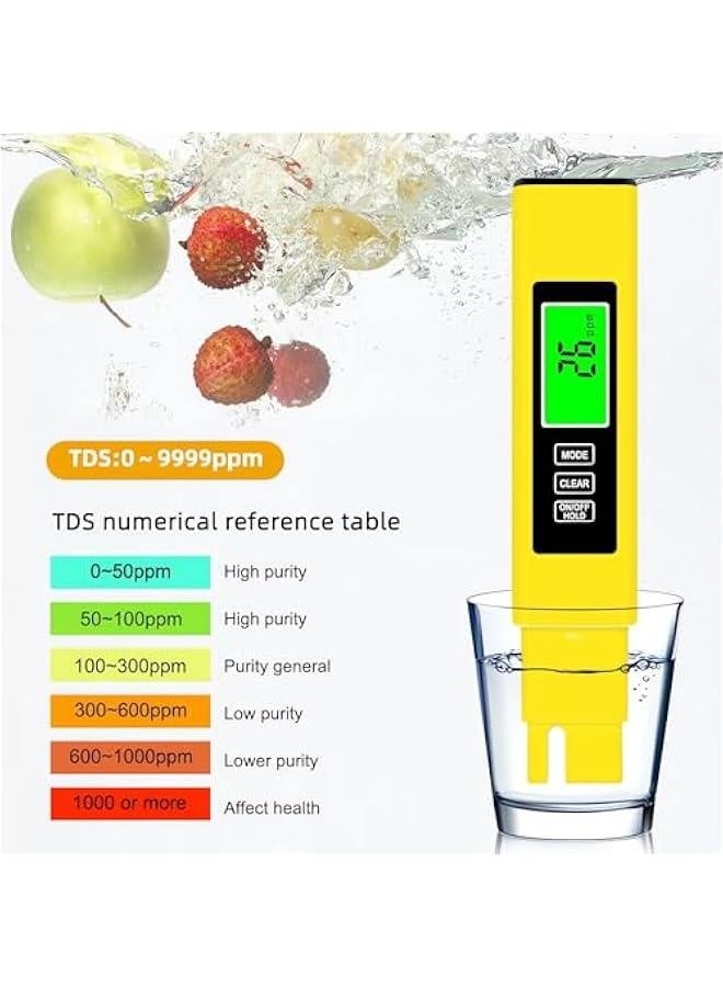 TDS Meter Digital Water Quality Tester,EC Meter & Temperature Meter 4 in 1,for Ro-Rodi System Drinking Water,Water Quality Tester 0-9990 PPM Measuring Range,1 PPM Increments（Yellow） - Image 5