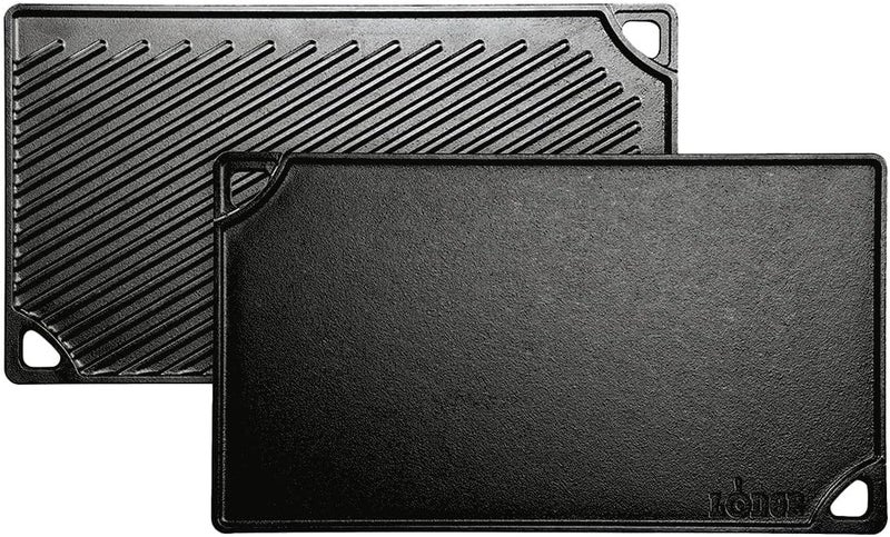 Lodge Reversible Cast Iron Grill/Griddle – 9.5 x 16.75 Inch Pre-Seasoned Cooking Surface – Flat & Ribbed Sides – Use on Stove, Grill, or Campfire – Made in the USA – Heavy-Duty, Black - Image 1