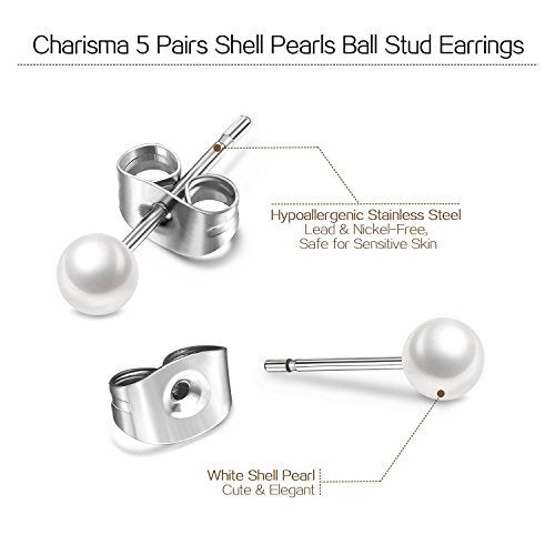 Charisma 3-7mm Composite Pearl Earrings Round Ball Pearls Stud Earrings Hypoallergenic 5 Pairs Mixed Sizes Imitation Pearl Earrings Set for Women - Image 3