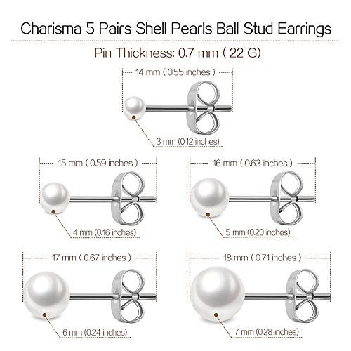 Charisma 3-7mm Composite Pearl Earrings Round Ball Pearls Stud Earrings Hypoallergenic 5 Pairs Mixed Sizes Imitation Pearl Earrings Set for Women - Image 4