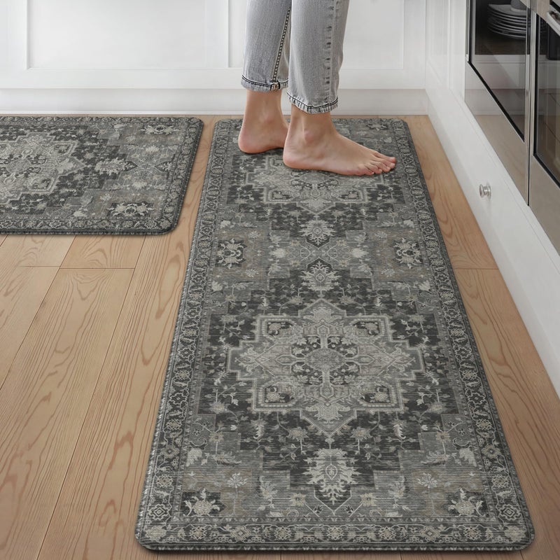 GENIMO Kitchen Mats for Floor 2PCs, Washable Anti Fatigue Mat for Cushioned, 17.3"x47"+17.3"x30", Waterproof Kitchen Rugs, Non Slip Comfort Standing Mat Rug for Home, Sink, Laundry, Dark Gray - Image 1