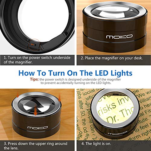 MoKo LED Lighted Desktop Magnifier Dome with 5X Magnification, Magnifying Glass with Light Large Viewing Area for Seniors Reading, Inspection, Exploring, Coins, Low Vision - Carrying Case Included - Image 2