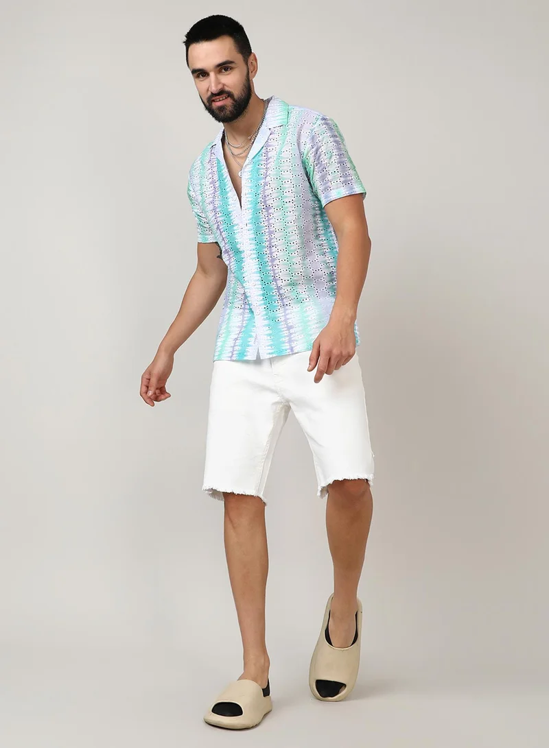 Campus Sutra Campus Sutra Men's Sea Green & Lavender Horizontal Tie-Dye Shirt For Casual Wear | Spread Collar | Short Sleeve | Button Closure | Shirt Crafted With Comfort Fit For Everyday Wear