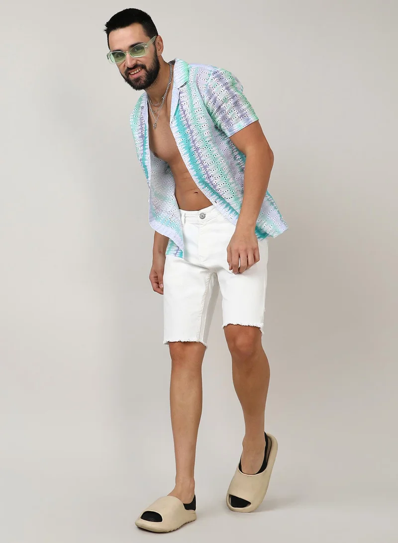 Campus Sutra Campus Sutra Men's Sea Green & Lavender Horizontal Tie-Dye Shirt For Casual Wear | Spread Collar | Short Sleeve | Button Closure | Shirt Crafted With Comfort Fit For Everyday Wear