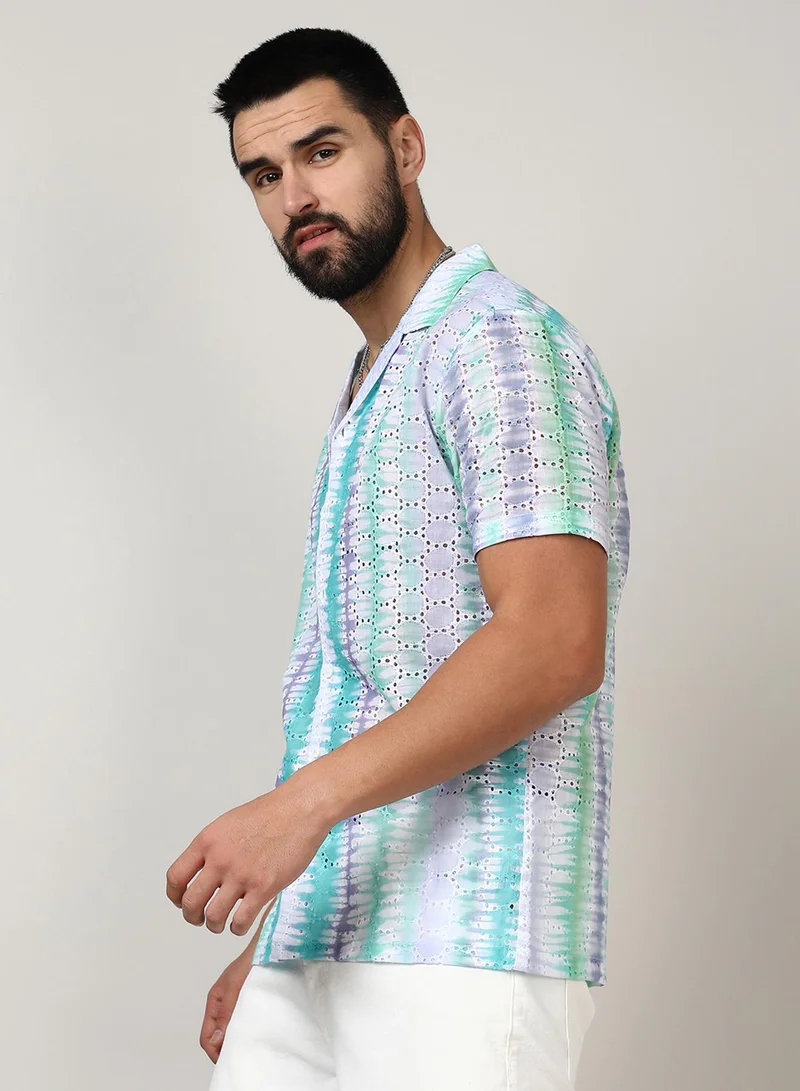 Campus Sutra Campus Sutra Men's Sea Green & Lavender Horizontal Tie-Dye Shirt For Casual Wear | Spread Collar | Short Sleeve | Button Closure | Shirt Crafted With Comfort Fit For Everyday Wear