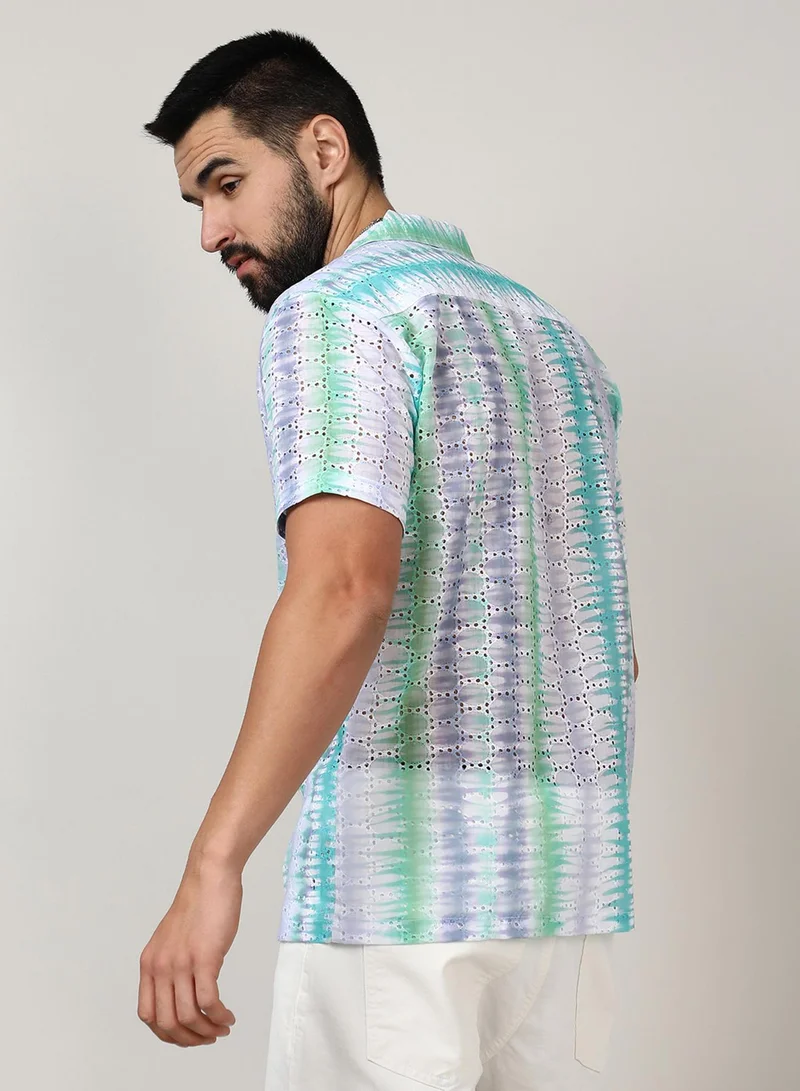 Campus Sutra Campus Sutra Men's Sea Green & Lavender Horizontal Tie-Dye Shirt For Casual Wear | Spread Collar | Short Sleeve | Button Closure | Shirt Crafted With Comfort Fit For Everyday Wear