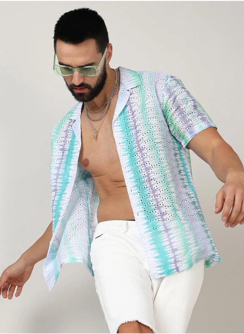 كامبوس سوترا Campus Sutra Men's Sea Green & Lavender Horizontal Tie-Dye Shirt For Casual Wear | Spread Collar | Short Sleeve | Button Closure | Shirt Crafted With Comfort Fit For Everyday Wear