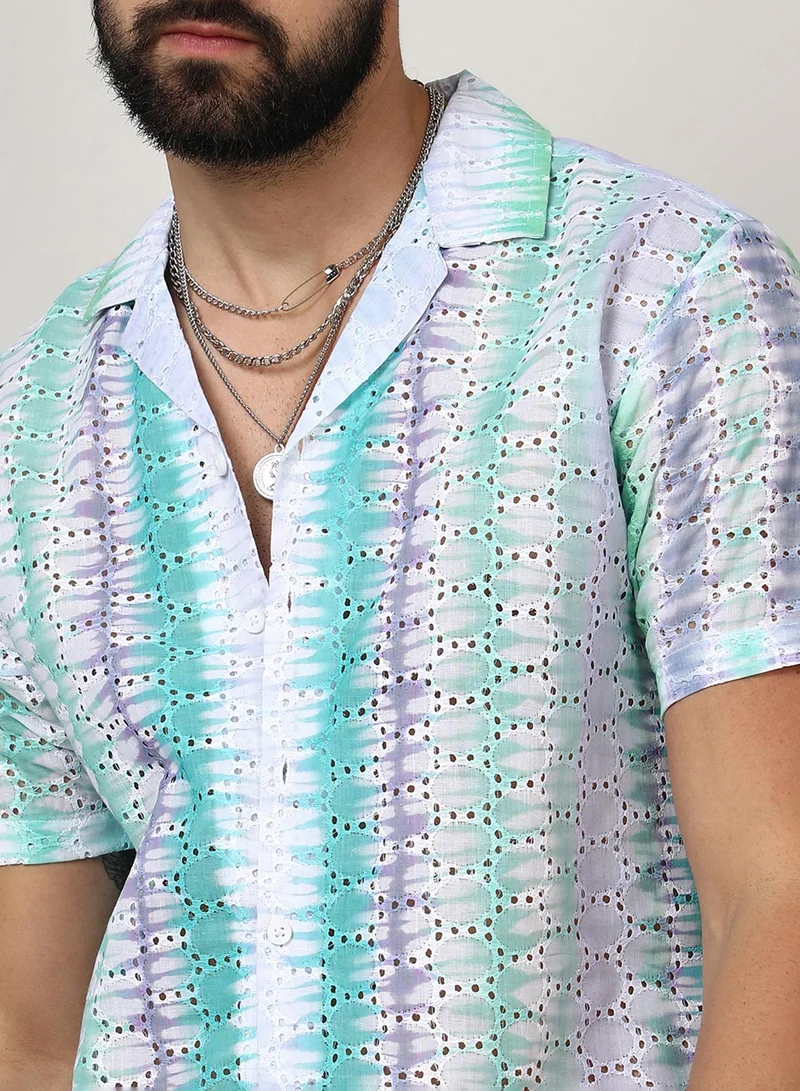 Campus Sutra Campus Sutra Men's Sea Green & Lavender Horizontal Tie-Dye Shirt For Casual Wear | Spread Collar | Short Sleeve | Button Closure | Shirt Crafted With Comfort Fit For Everyday Wear
