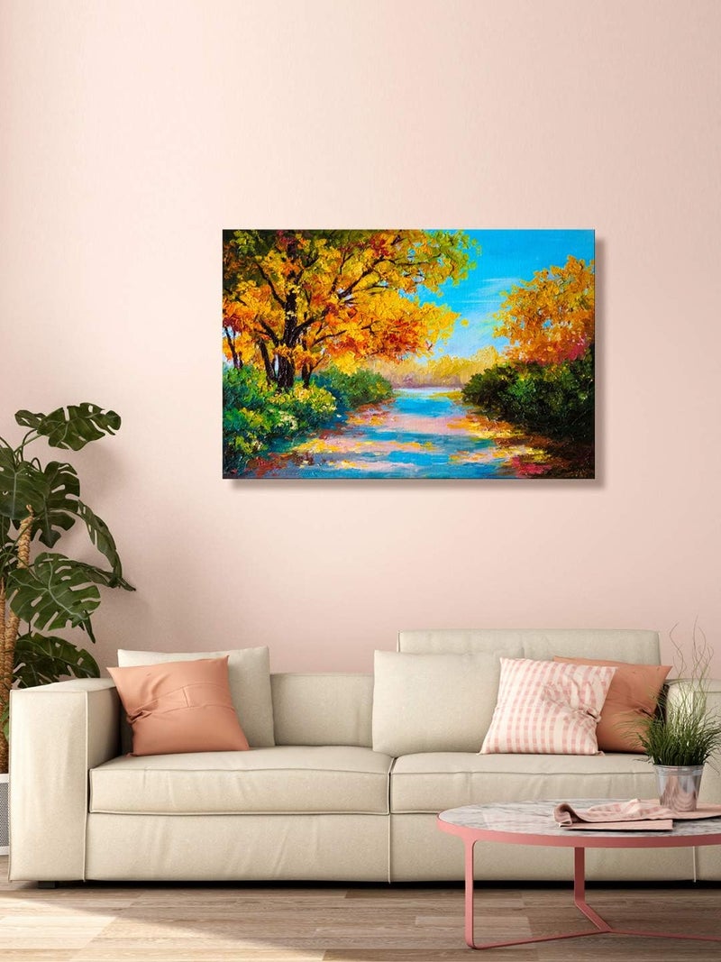 999Store Printed Yellow Leaves Trees and River Painting Wall Art (Canvas_18X30 Inches_Multi) - Image 1