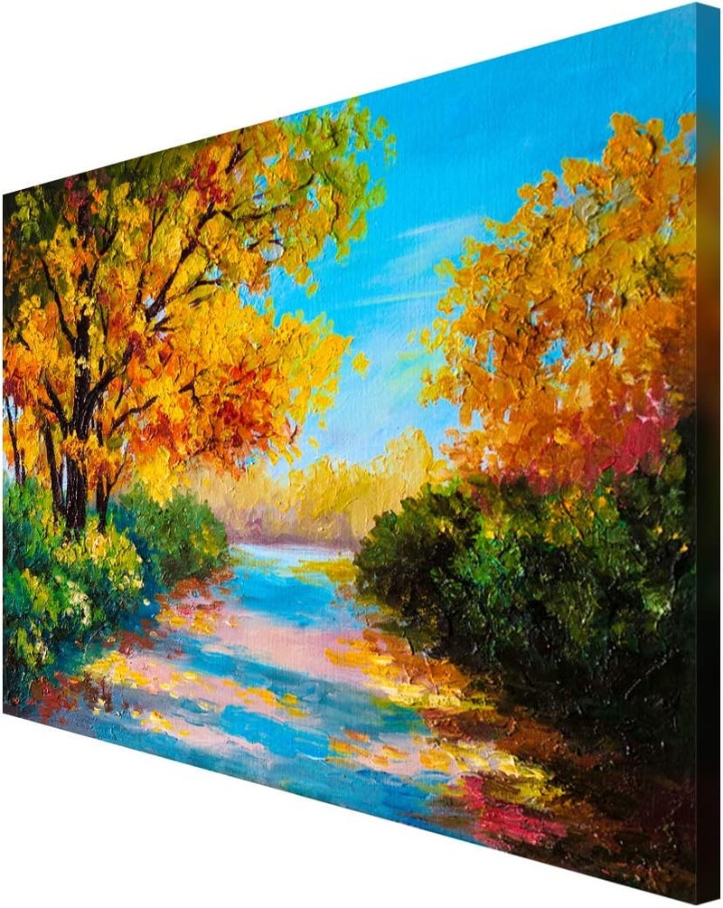 999Store Printed Yellow Leaves Trees and River Painting Wall Art (Canvas_18X30 Inches_Multi) - Image 4