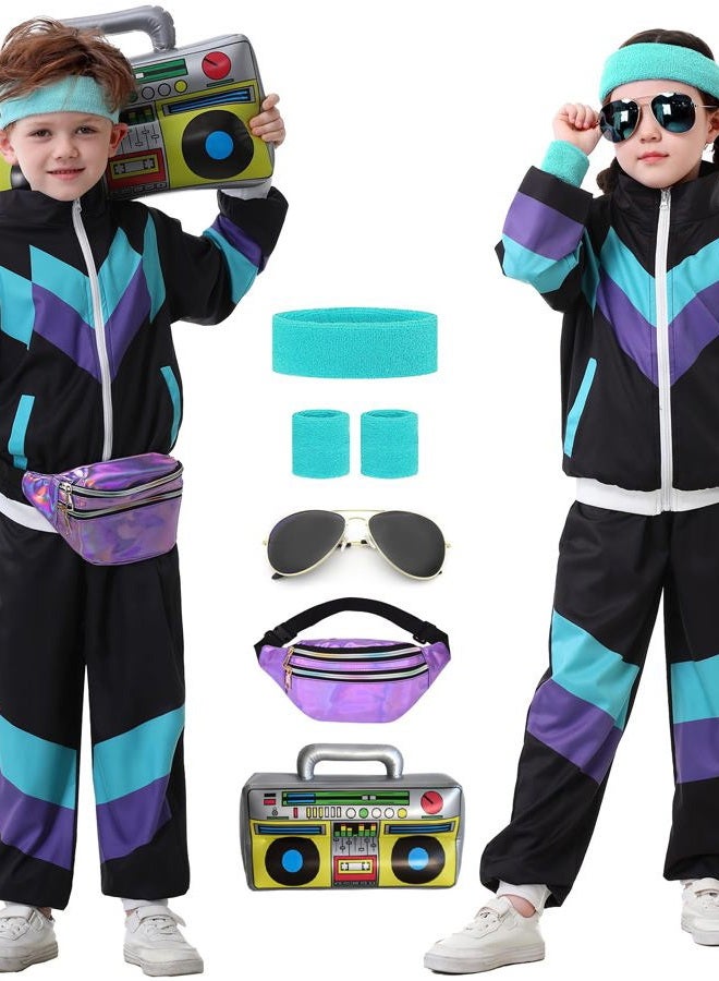 Ezuwail Kids 80s 90s Outfit for Boys Girls 6Pcs Unisex Retro Windbreaker Toddler Workout Hip Hop Dance Tracksuit Costume, Black, 5-6 Years - Image 1