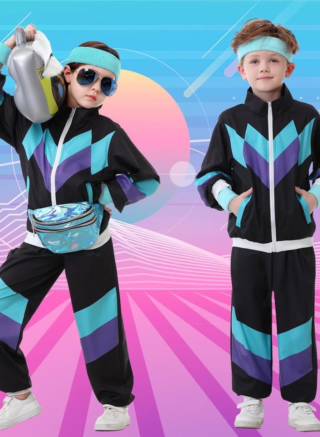 Ezuwail Kids 80s 90s Outfit for Boys Girls 6Pcs Unisex Retro Windbreaker Toddler Workout Hip Hop Dance Tracksuit Costume, Black, 5-6 Years - Image 4