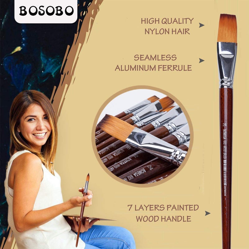 BOSOBO Watercolor Paint Brushes Set 13pcs Professional Flat Tip Wood Handle Nylon Hair Artist Paintbrushes for Watercolor Acrylic Ink Gouache Oil Tempera Canvas Painting Face Body Art Model Craft - Image 2