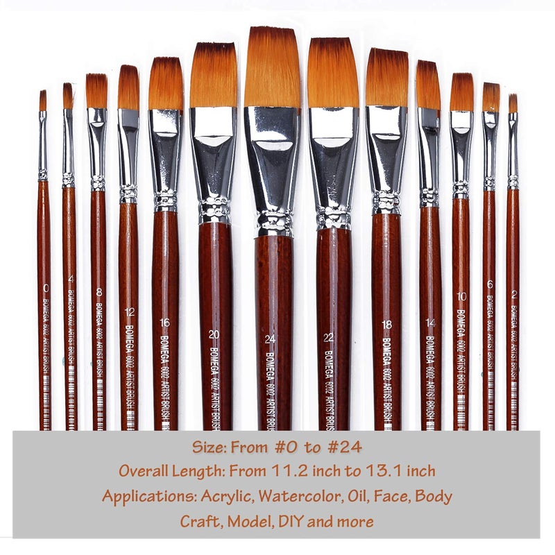 BOSOBO Watercolor Paint Brushes Set 13pcs Professional Flat Tip Wood Handle Nylon Hair Artist Paintbrushes for Watercolor Acrylic Ink Gouache Oil Tempera Canvas Painting Face Body Art Model Craft - Image 3