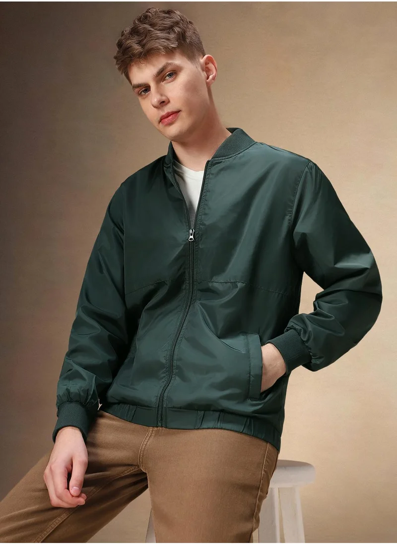 Dennis Lingo Men's Green 100% Polyester Solid Regular Fit Jacket