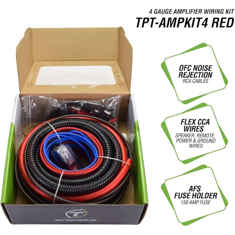 تيمبانو Timpano Amplifier Wiring Kit - 4 Gauge Amp Kit 2000 Watts Car Amplifier Installation CCA Cables Kit – 150 Amp Fuse Single Amp TPT-AMPKIT4 RED - Image 2