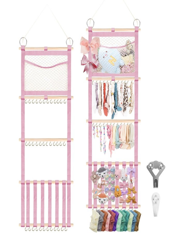 Munzong Headband Holder 52x17 inch, Pink Hair Bow Clip Organizer for Baby Girls, 4 Tier Wall Hanging Headband Shelf w/Mesh Bag, Large Nursery Hair Accessories Storage Hanger for Toddler Women - Image 1