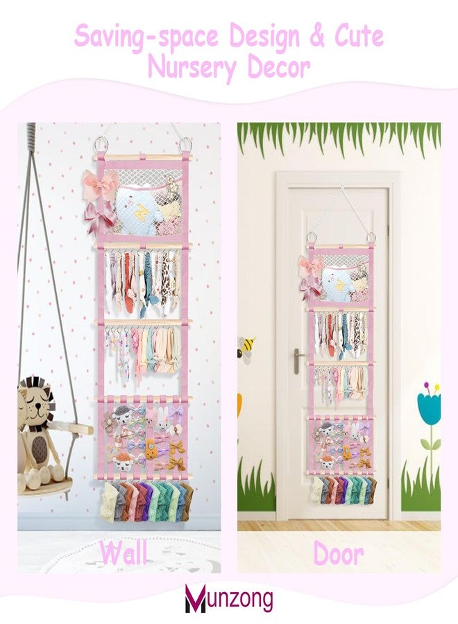 Munzong Headband Holder 52x17 inch, Pink Hair Bow Clip Organizer for Baby Girls, 4 Tier Wall Hanging Headband Shelf w/Mesh Bag, Large Nursery Hair Accessories Storage Hanger for Toddler Women - Image 5