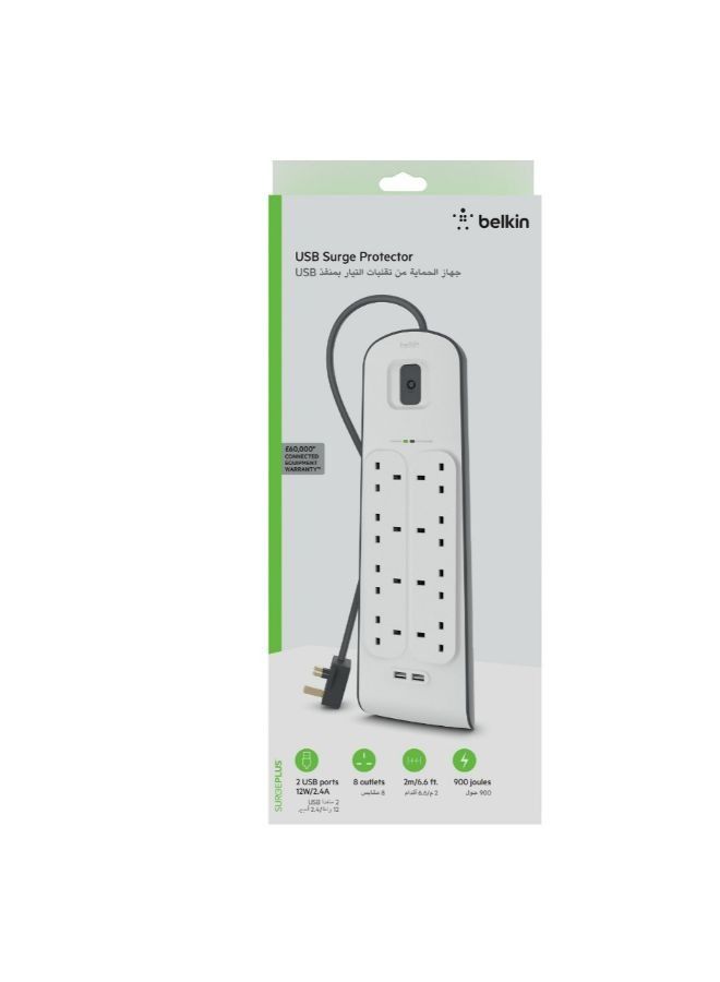 belkin 8-Outlet Surge Protection Strip With USB And Power Cord White Grey 2meter  - Image 3