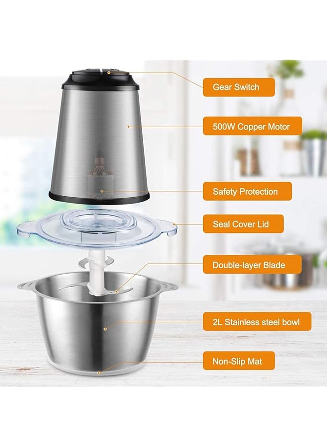 erorex Meat Grinder Electric Garlic Press Uk Plug Food Processor 2L Stainless Steel Meat Blender Food Chopper For Meat Vegetables Fruits And Nuts With 4 Sharp Blades  - Image 2