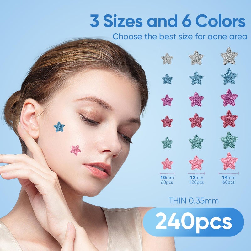 QUSTERE Pimple Patches for Face, Hydrocolloid Acne Patches, Sparkling Star Zit Covers, Colorful Spot Stickers with Tea Tree, Salicylic Acid & Cica Oil| 3 Sizes (10mm, 12mm & 14mm) |240 Count - Image 2