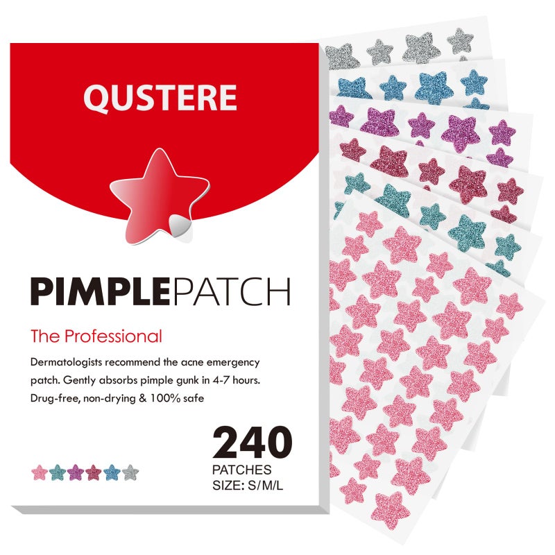 QUSTERE Pimple Patches for Face, Hydrocolloid Acne Patches, Sparkling Star Zit Covers, Colorful Spot Stickers with Tea Tree, Salicylic Acid & Cica Oil| 3 Sizes (10mm, 12mm & 14mm) |240 Count - Image 1