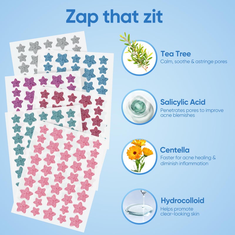QUSTERE Pimple Patches for Face, Hydrocolloid Acne Patches, Sparkling Star Zit Covers, Colorful Spot Stickers with Tea Tree, Salicylic Acid & Cica Oil| 3 Sizes (10mm, 12mm & 14mm) |240 Count - Image 4