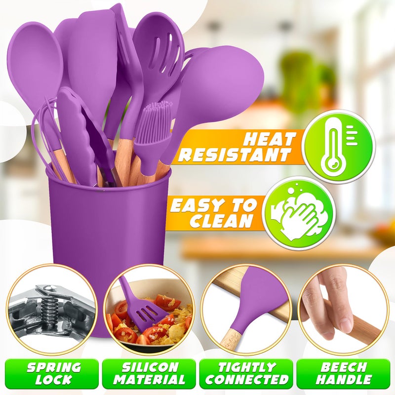 V TOWER 12 Pcs Purple Kitchen Utensils Set with Holder - Versatile Silicone Utensils Set for Cooking and Baking, Gentle on Pots and Pans, Heat-Resistant, Stylish, Easy to Clean, Purple Kitchen Accessories - Image 3