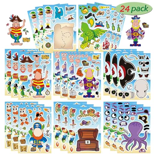 DUJAA 24 Sheets Pirate Stickers for Kids Make Your Own Pirate Stickers Makeaface Stickers Jolly Roger Stickers Skull and Crossbones Stickers Pirate Themed Party Decorations - Image 1