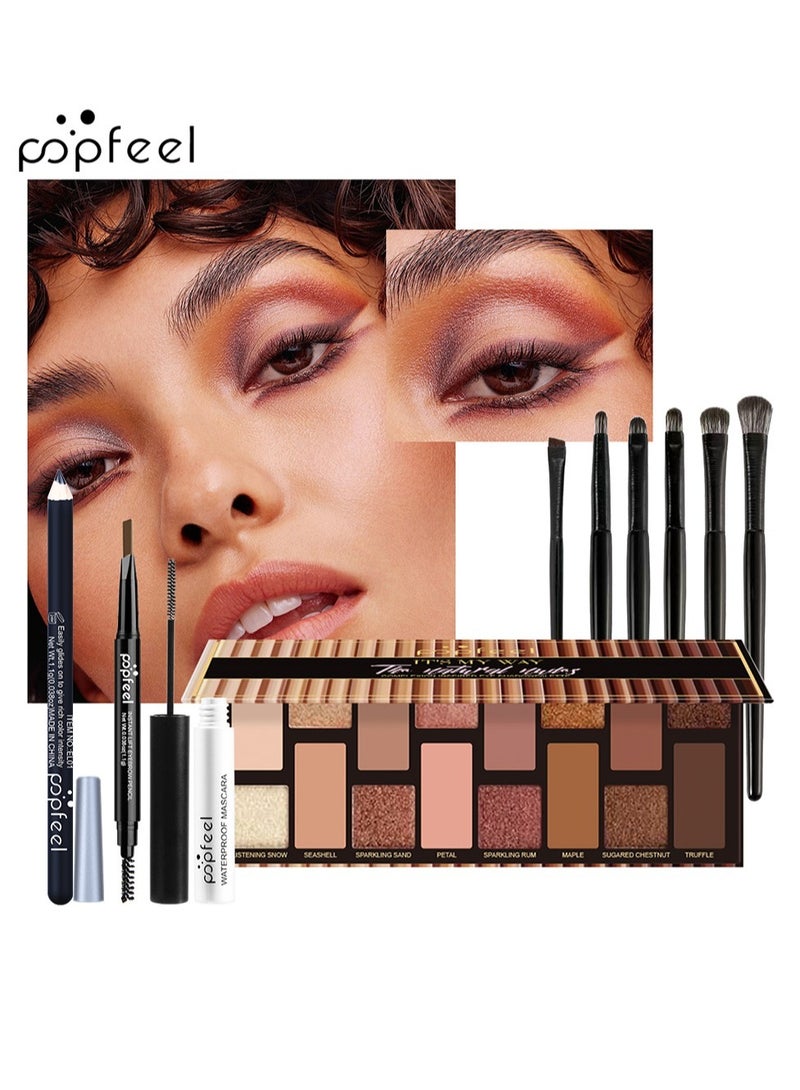 بوب فيل مجموعة مكياج فاخرة، لوحة ظلال عيون من 16 لونًا و6 فرش مكياج، قلم حواجب مزدوج الرأس + قلم تحديد العيون + ماسكارا، أساسية للمبتدئات، تدوم طويلًا ومقاومة للتلطخ - Image 1