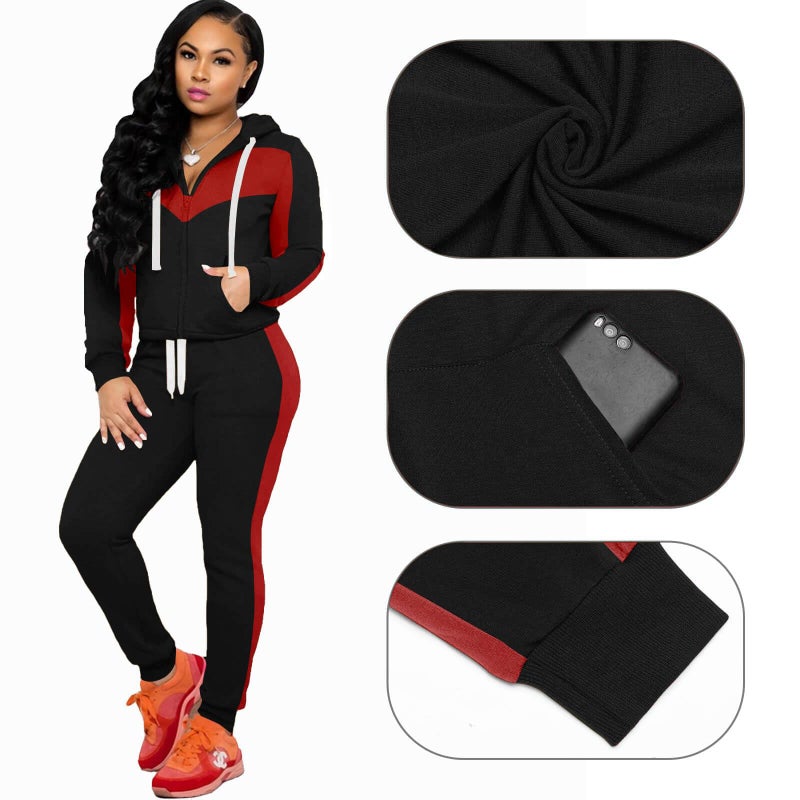 CLOCOR Jogging Suits for Women - Casual 2 Piece Sweatsuit Pocket Tracksuit Long Sleeve with Patchwork Pants Set Black Red M - Image 4