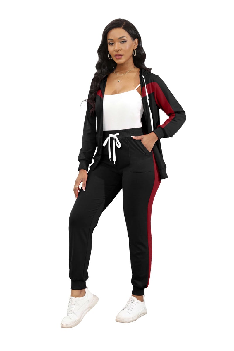 CLOCOR Jogging Suits for Women - Casual 2 Piece Sweatsuit Pocket Tracksuit Long Sleeve with Patchwork Pants Set Black Red M - Image 2