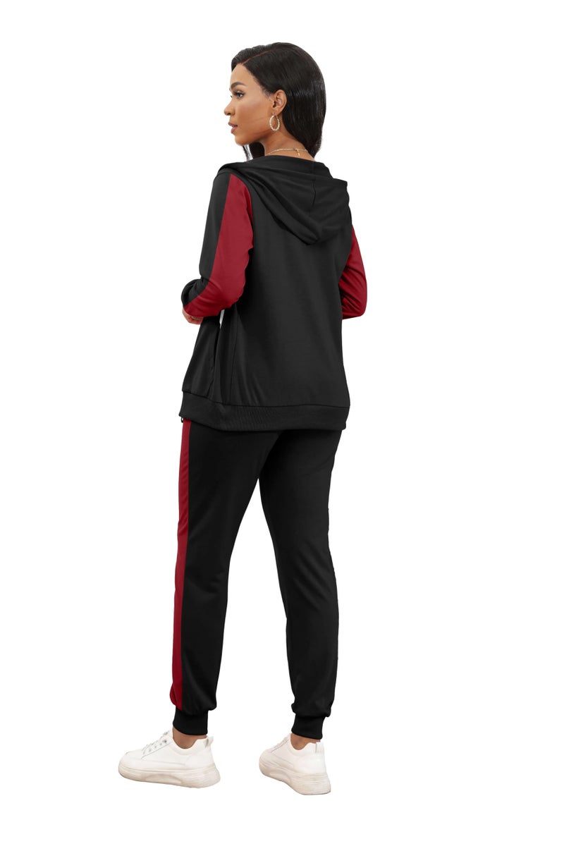 CLOCOR Jogging Suits for Women - Casual 2 Piece Sweatsuit Pocket Tracksuit Long Sleeve with Patchwork Pants Set Black Red M - Image 3