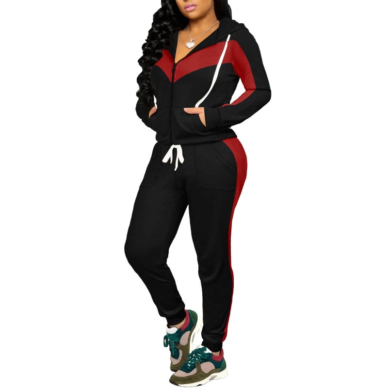 CLOCOR Jogging Suits for Women - Casual 2 Piece Sweatsuit Pocket Tracksuit Long Sleeve with Patchwork Pants Set Black Red M - Image 1