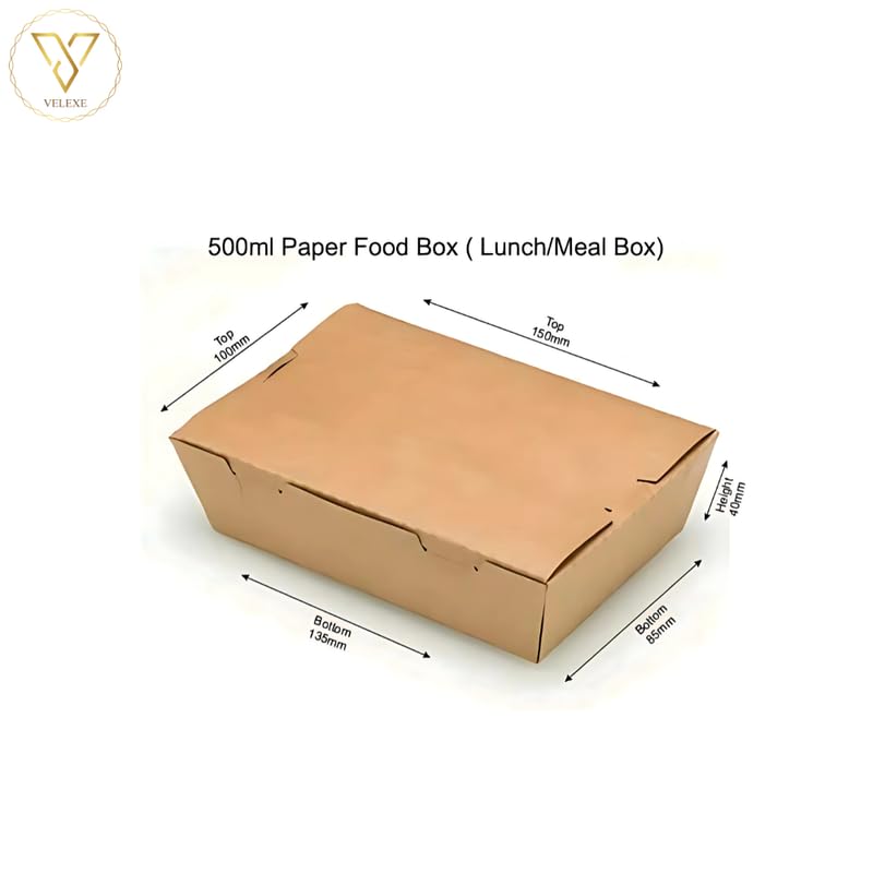 VELEXE Brown Kraft Paper Food Box | 15x13.5x4 CM | 500ml | Pack of 100 | Eco-Friendly Takeaway Containers | Biodegradable & Disposable Food Containers for Meal, Party Catering, Takeout, and Delivery - Image 2