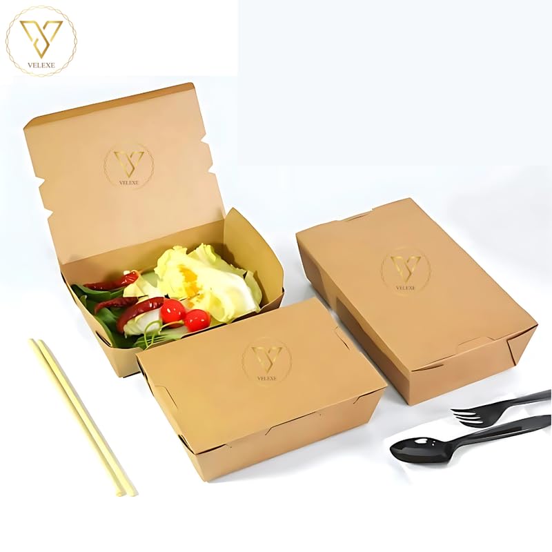 VELEXE Brown Kraft Paper Food Box | 15x13.5x4 CM | 500ml | Pack of 100 | Eco-Friendly Takeaway Containers | Biodegradable & Disposable Food Containers for Meal, Party Catering, Takeout, and Delivery - Image 5