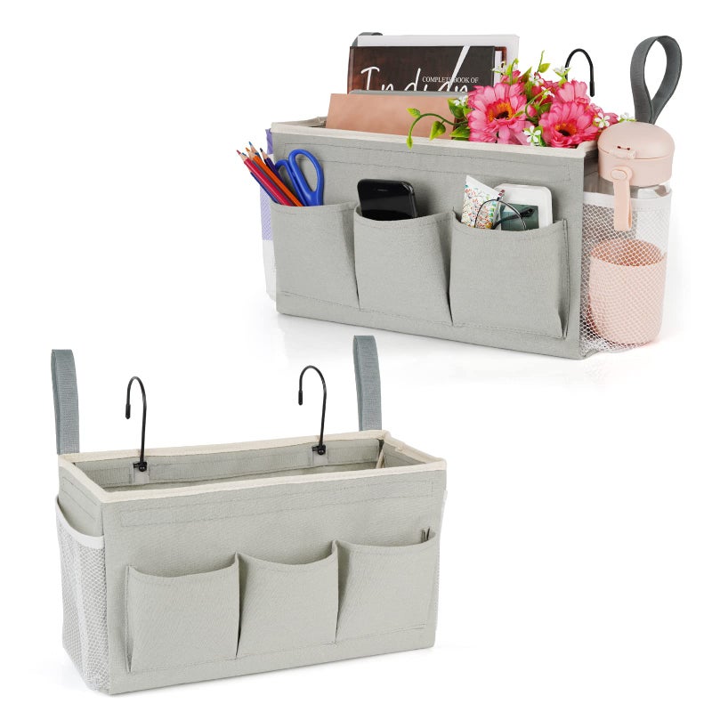 Lilithye Bedside Caddy Organizer With Fixed Straps & Water Bottle Holder For Home  College Dorm  Bunk Bed  Hospital & Crib Bed Rails (2 Pcs  Grey) - Image 1