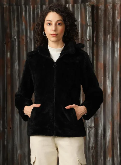 HIGH STAR Women's Black Foxfur Solid Oversized Jacket