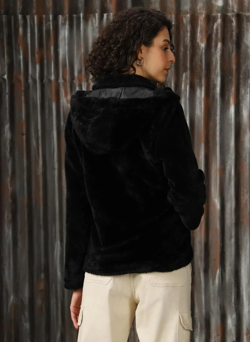 HIGH STAR Women's Black Foxfur Solid Oversized Jacket