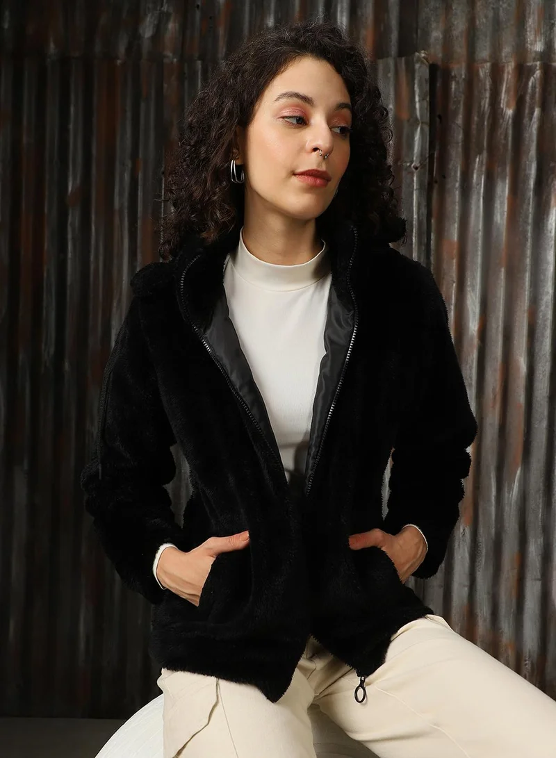 HIGH STAR Women's Black Foxfur Solid Oversized Jacket