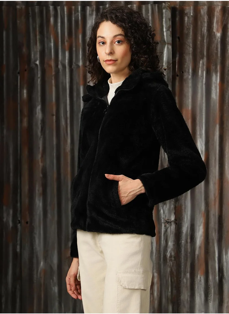 HIGH STAR Women's Black Foxfur Solid Oversized Jacket