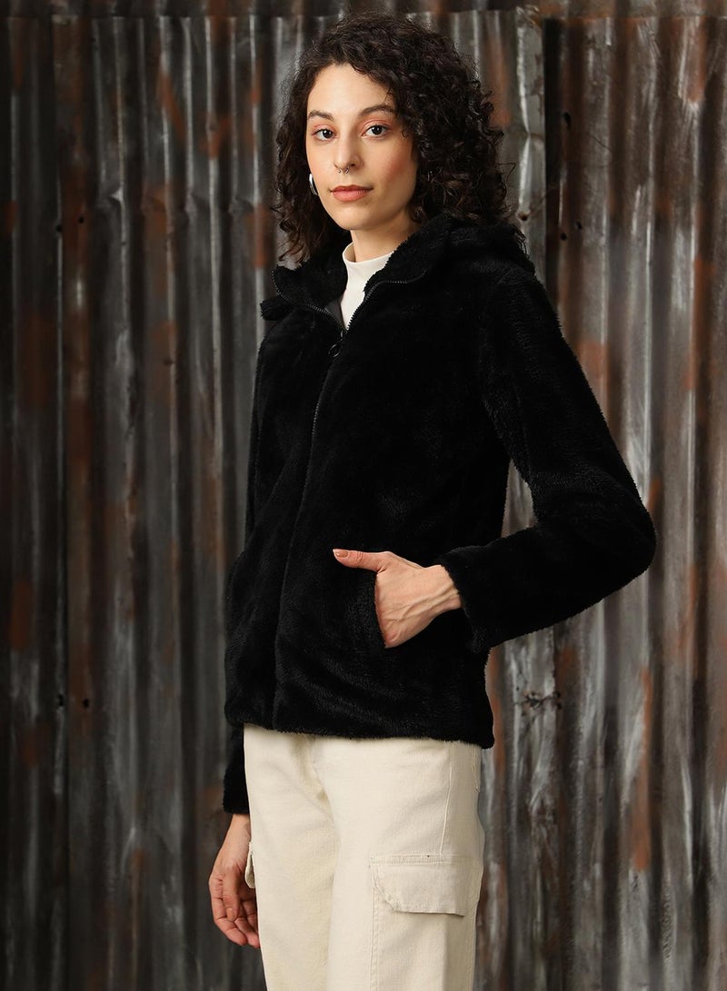 HIGH STAR Women's Black Foxfur Solid Oversized Jacket  - Image 2