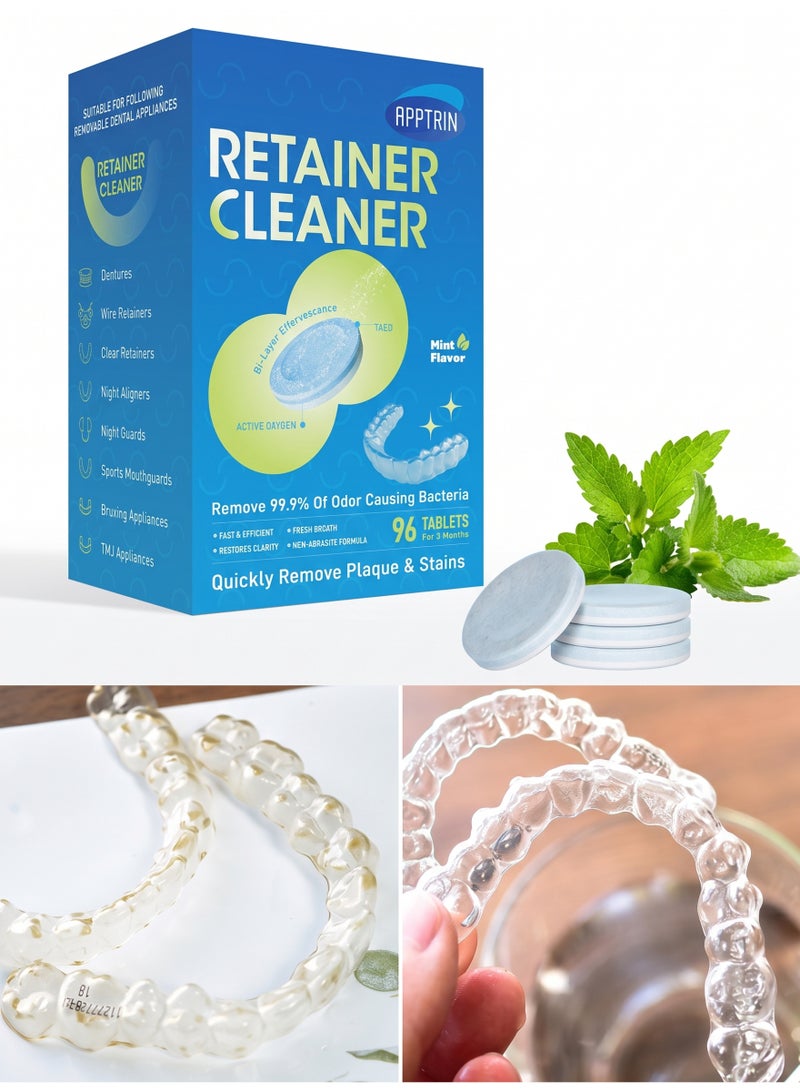 APPTRIN 96pcs Retainer Cleaner Tablets Denture Cleaning Tablets for Dental Appliances and Night Mouth Guard Cleanser Removes Odors Stains Plaque - Image 1