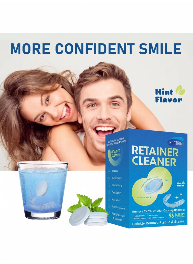 APPTRIN 96pcs Retainer Cleaner Tablets Denture Cleaning Tablets for Dental Appliances and Night Mouth Guard Cleanser Removes Odors Stains Plaque - Image 3