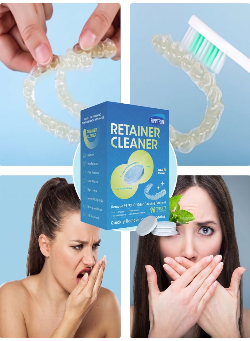 APPTRIN 96pcs Retainer Cleaner Tablets Denture Cleaning Tablets for Dental Appliances and Night Mouth Guard Cleanser Removes Odors Stains Plaque - Image 2